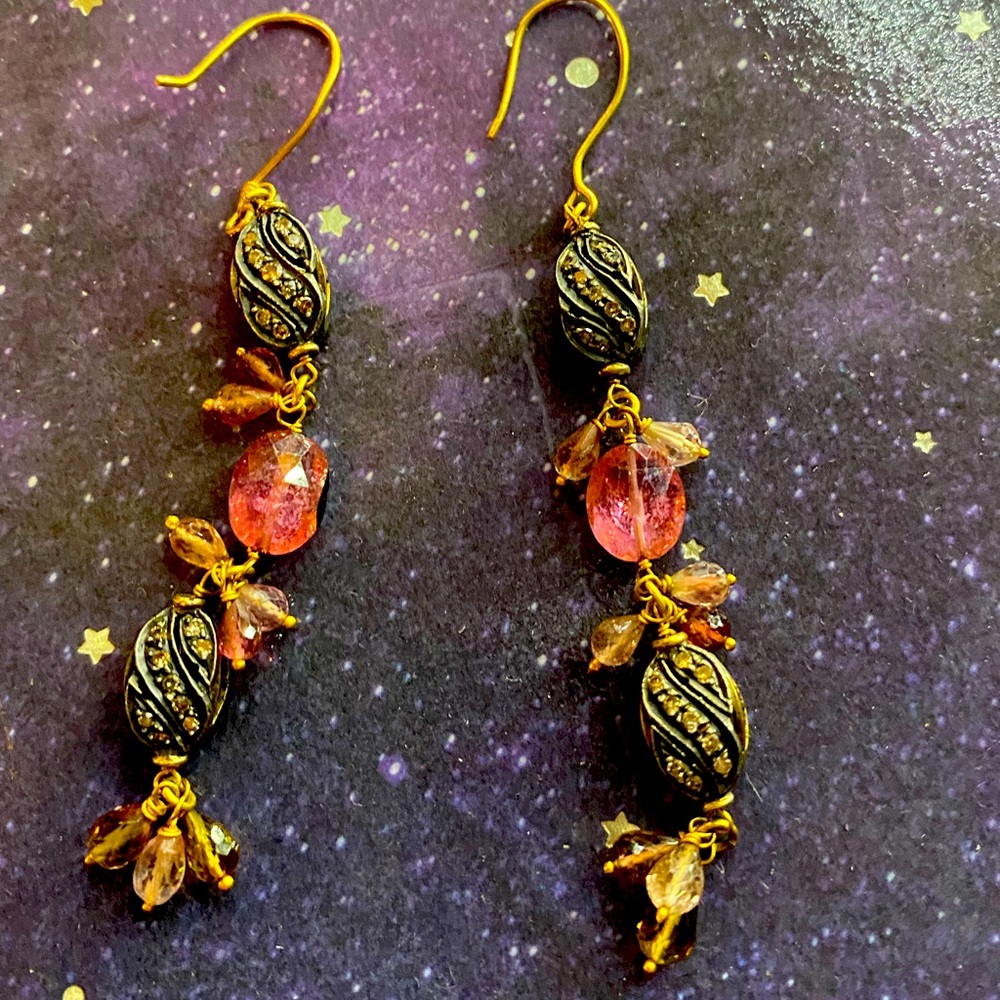 Diamonds and Red Andesine-Labradorite Earrings